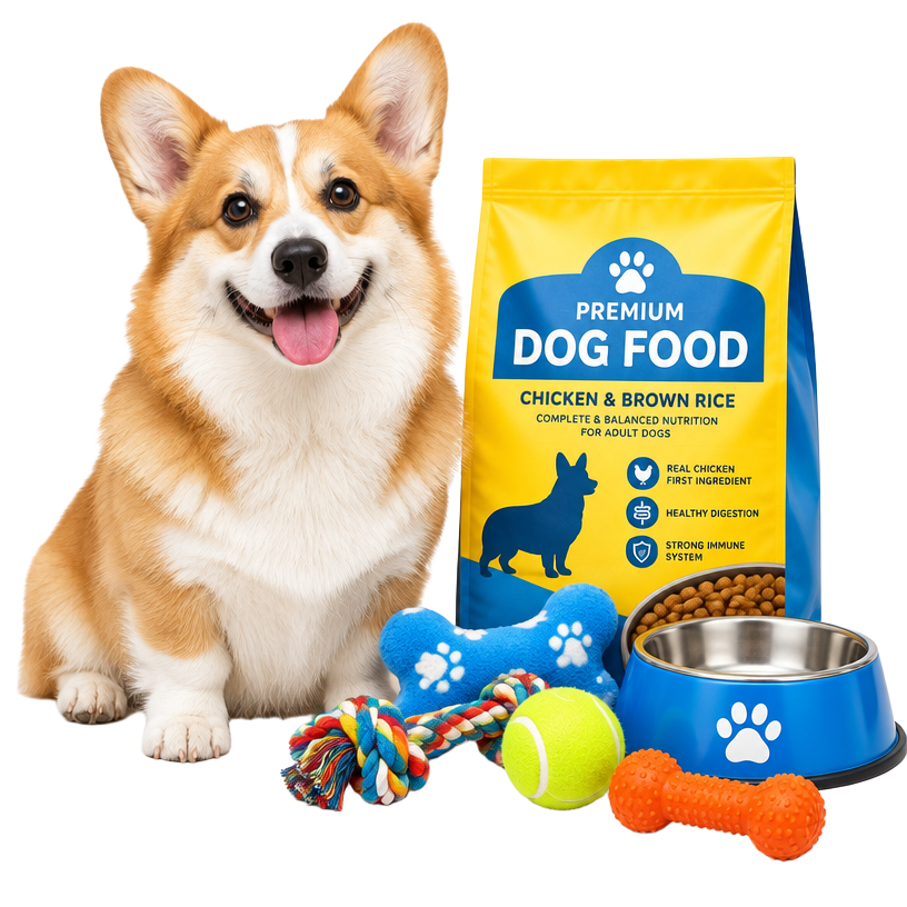 Happy corgi with pet supplies