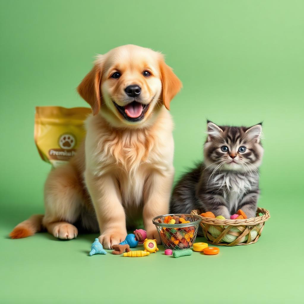 Golden retriever puppy and grey kitten with premium pet food, treats and toys